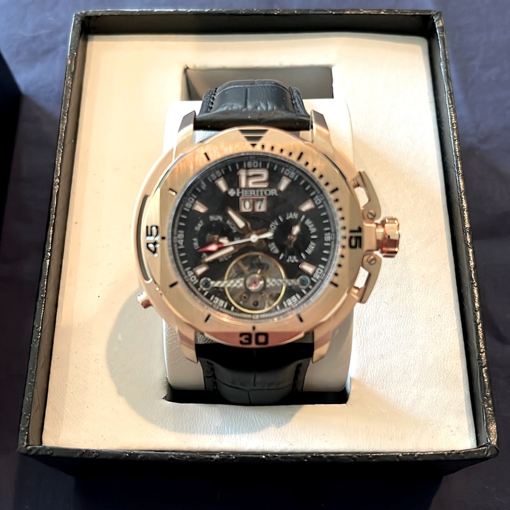 BNIB Heritor automatic Lennon semi-Skelton black leather band watch.